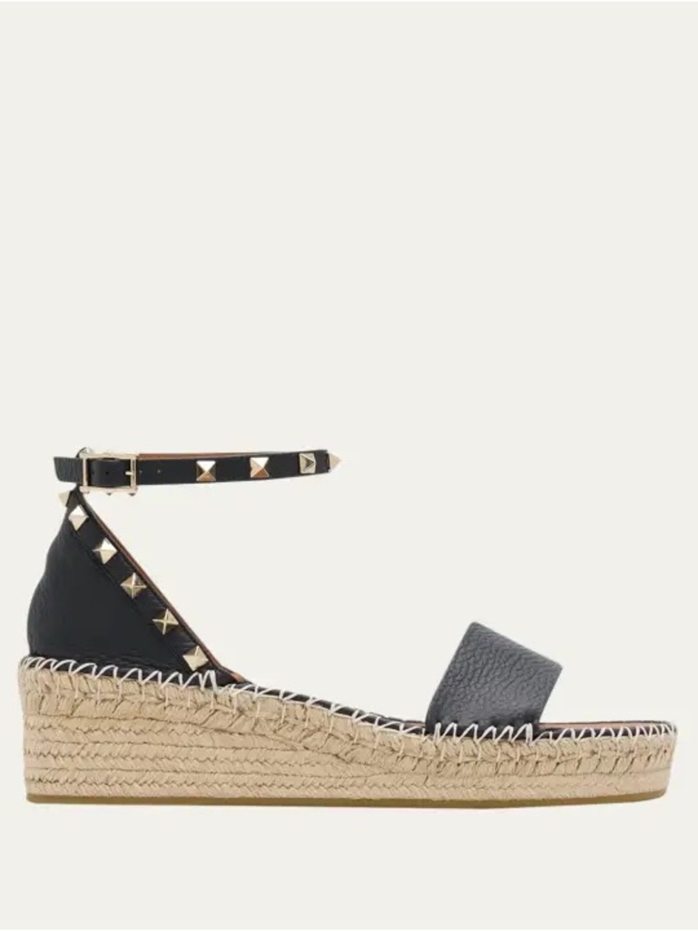Valentino Garavani Black Leather Studded Ankle-Strap Espadrille Wedge Sandal 37